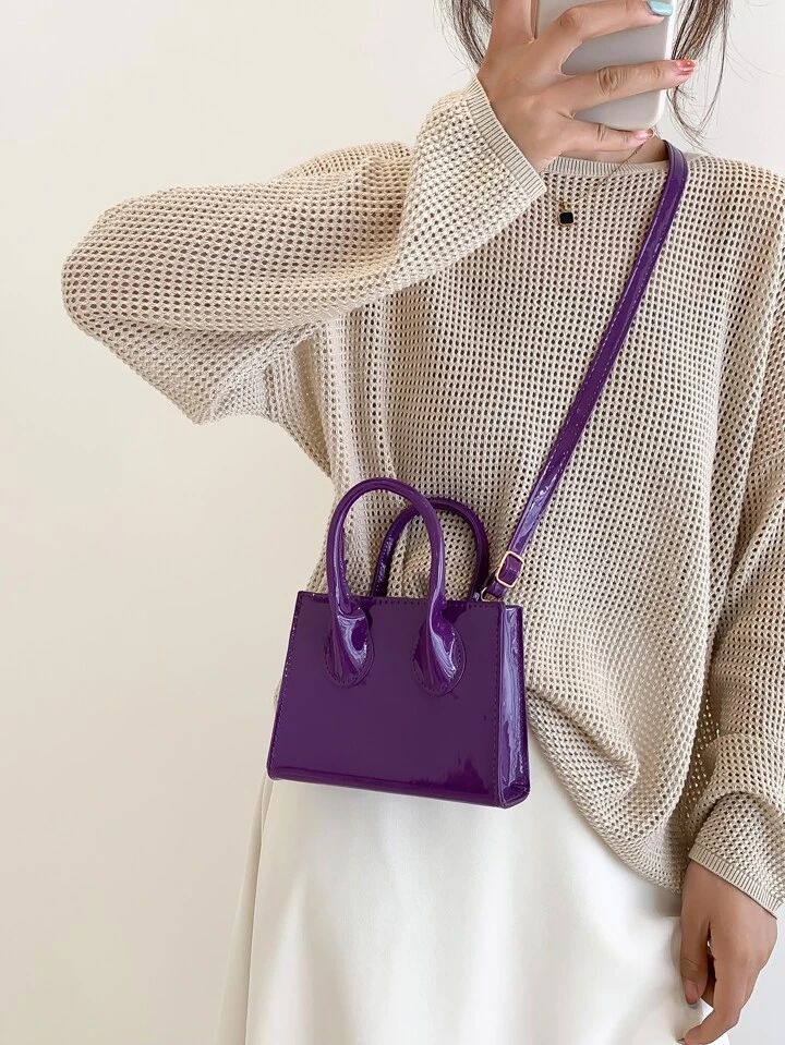 Mini Neon Purple Double Handle Square Bag | SHEIN