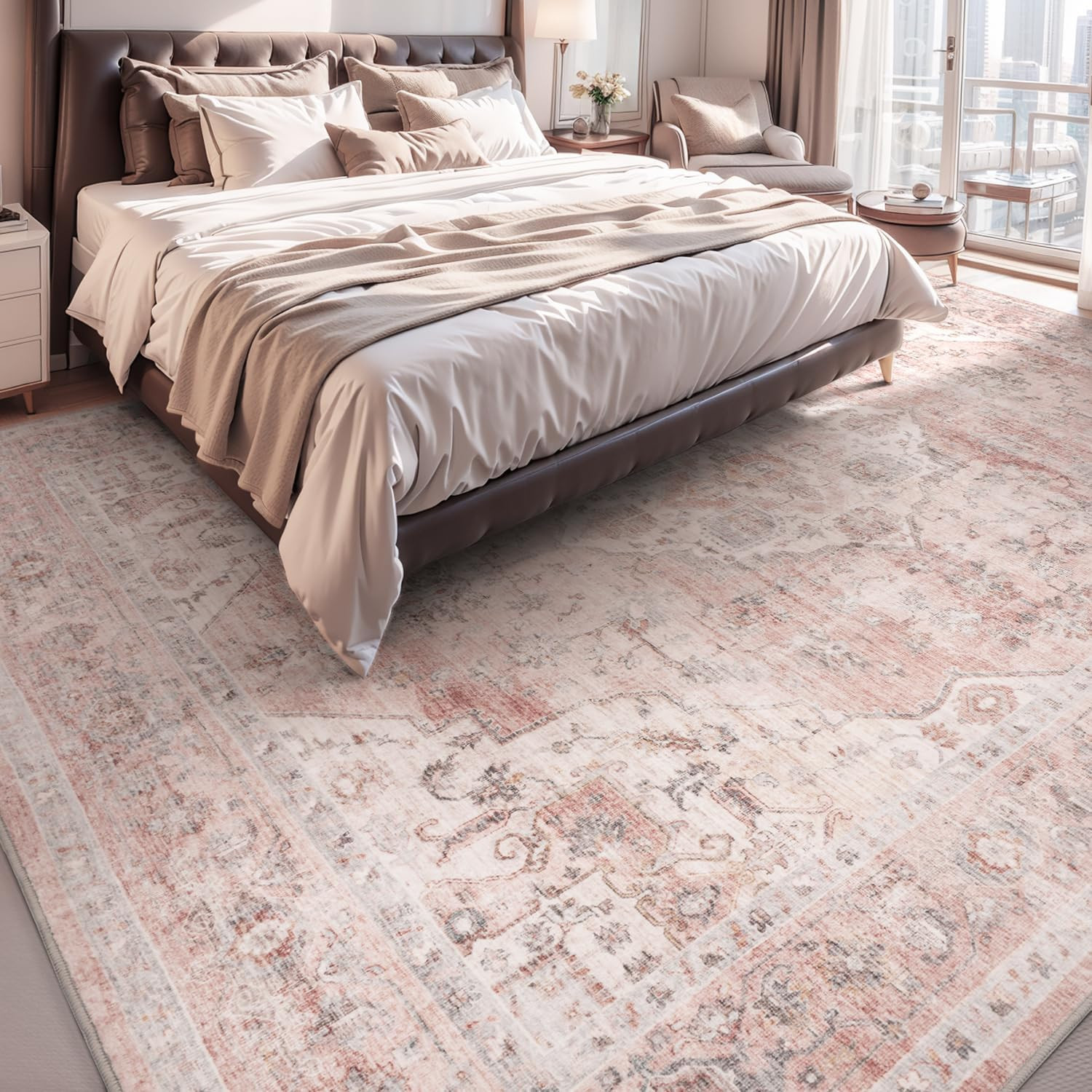 AMOAMI-Area Rug 5X7 Rugs for Living Room-Vintage Soft Pink Rugs for Bedroom-Non Slip Carpet-Machi... | Amazon (US)