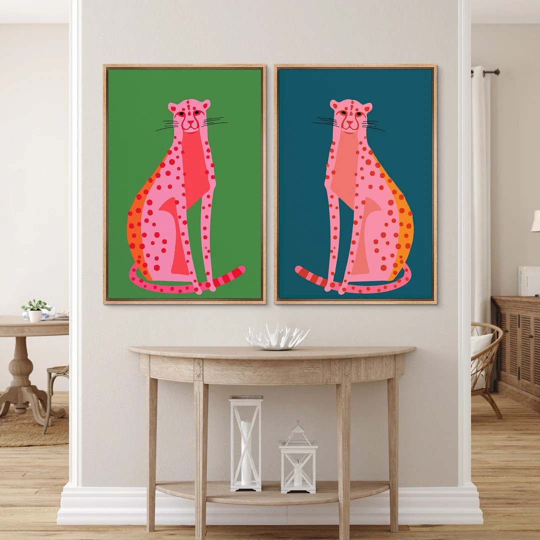 Preppy Room Decor, Pink Dot Cartoon Cheetah Cat Art, Retro Pop Art Print, Boho Abstract Animals P... | Etsy (US)