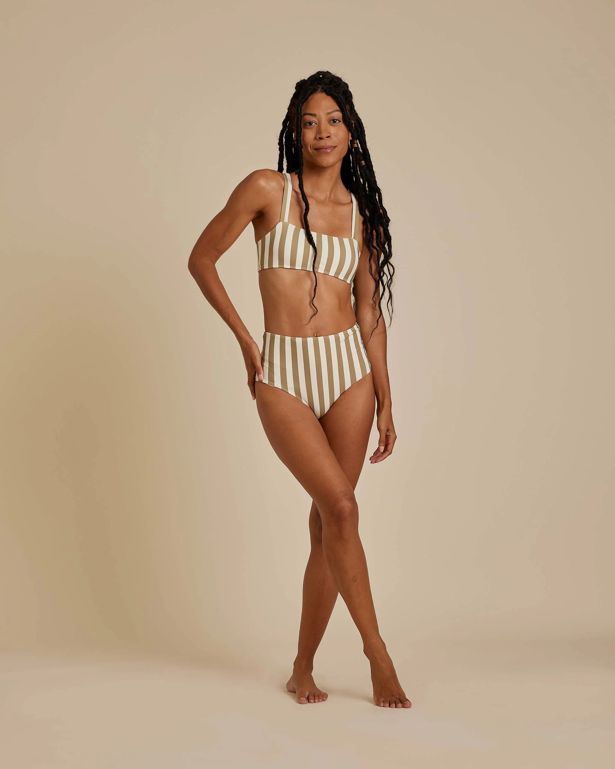 high waisted hipster bikini bottom | olive stripe | Rylee + Cru