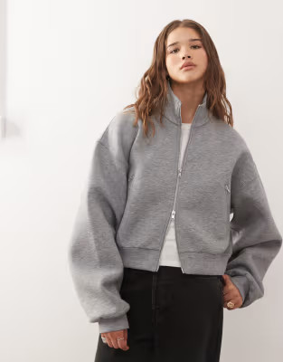 Weekday oversized boxy fit zip up track jacket in heather gray scuba-style fabric | ASOS (Global)