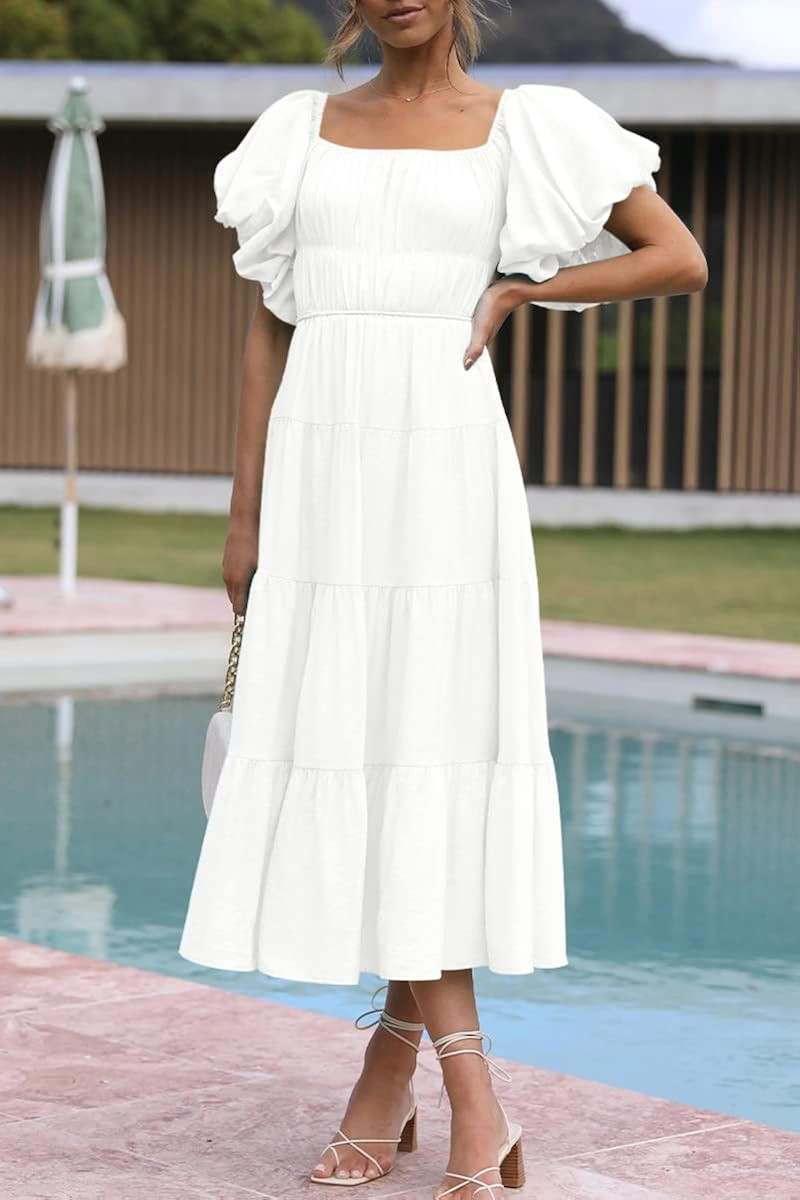 LILLUSORY Off The Shoulder Dresses for Women 2023 Puff Sleeve Summer Flowy Smocked Midi Dress | Amazon (US)