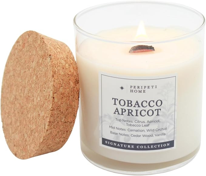 PERIPETI Home Tobacco + Apricot Scented Candle - Wooden Wick, 8.5oz Natural Soy Wax for Warm & Fr... | Amazon (US)