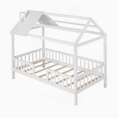Twin Size Wood House Bed with Fence,White+Gray | Wayfair North America