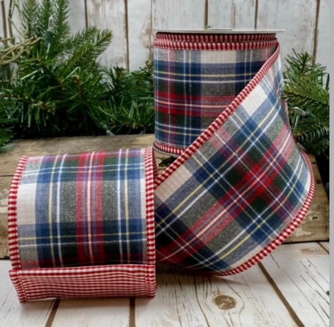 Ross Plaid Red, Green, Blue W/ Red Check Back, Cotton 4 X 5 Yards Wired Ribbon, D. Stevens Premiu... | Etsy (US)