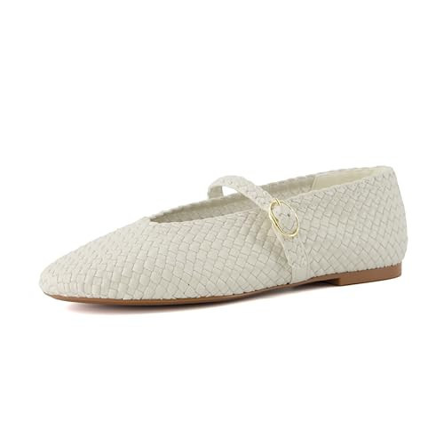 CUSHIONAIRE Bistro Mary Jane Flats for Women, Woven Ballet Flats Shoes with Strap and Memory Foam for All-Day Comfort, Wheat 10 | Amazon (US)