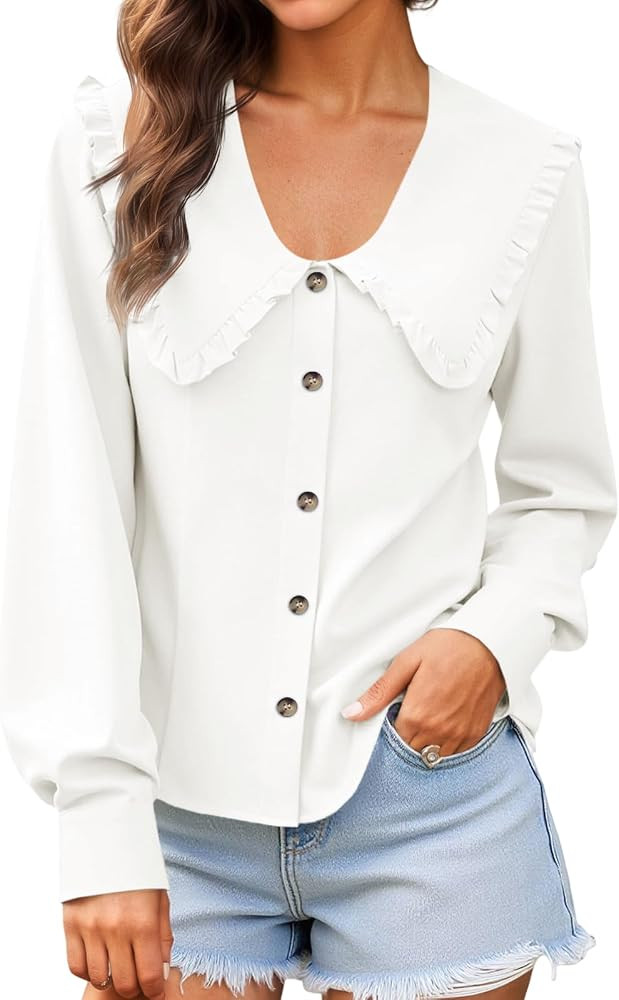 Cicy Bell Womens Peter Pan Collar Shirts Summer Button Down Long Sleeve Tops Dressy Casual Cute B... | Amazon (US)
