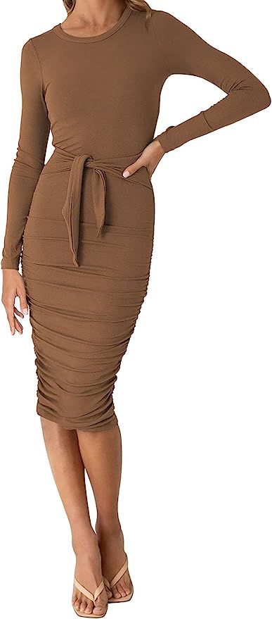 Cutiefox Women's Long Sleeve Front Tie Crew Neck Knee Length Ruched Bodycon Dress | Amazon (US)