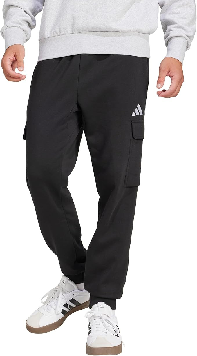 Adidas Mens Essentials Feel Cozy Fleece Sportswear Cargo Pants, Black/White, X-Large | Amazon (US)