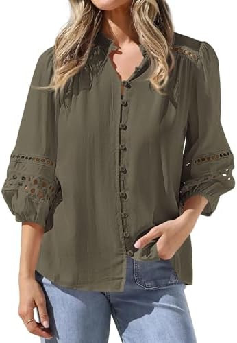 BTFBM Summer Tops for Women 2026 Eyelet Top 3/4 Length Sleeve Dressy Casual Blouses Spring Boho B... | Amazon (US)