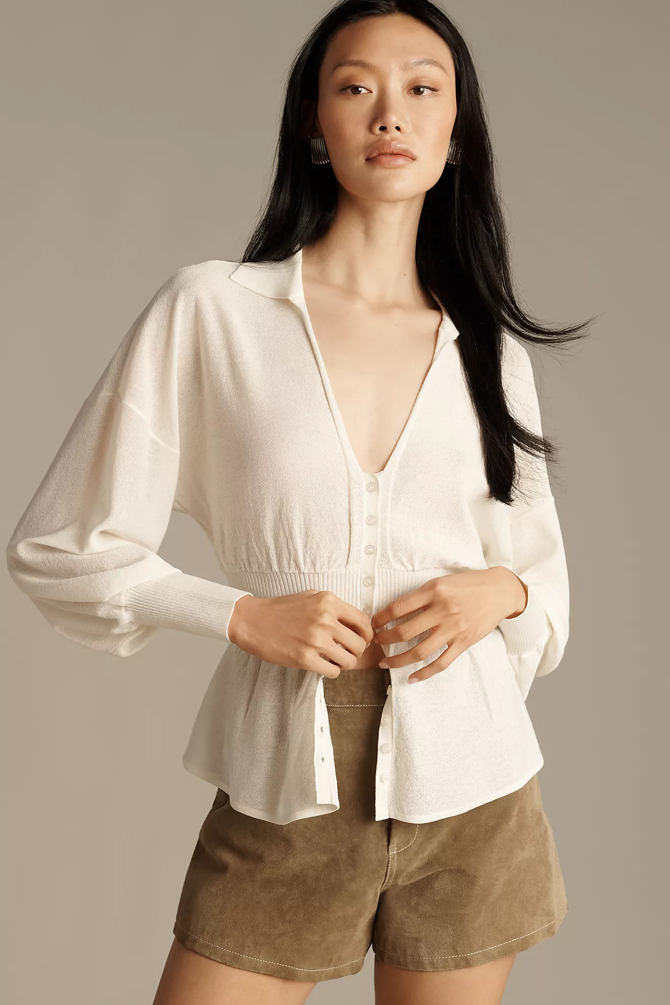 By Anthropologie Long-Sleeve V-Neck Waisted Sheer Sweater | Anthropologie (US)