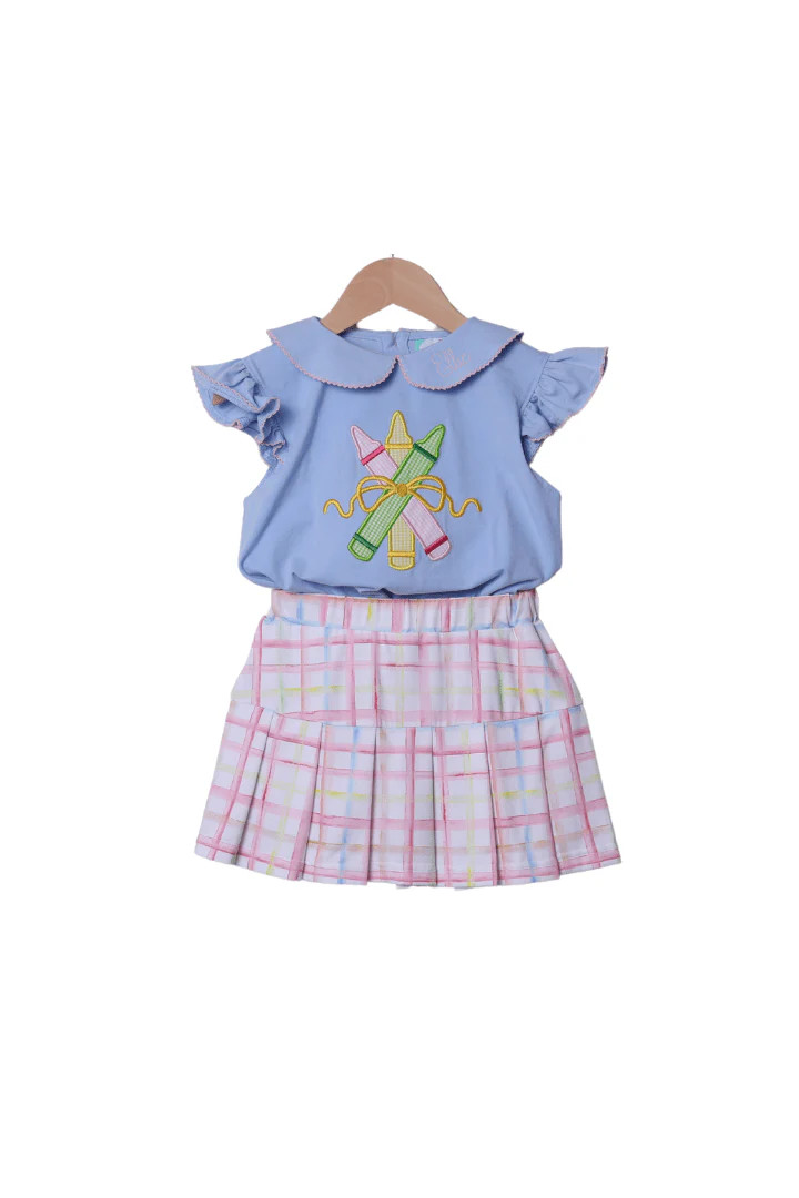 Applique Pencil Pastel Plaid Skort Set | The Smocked Flamingo