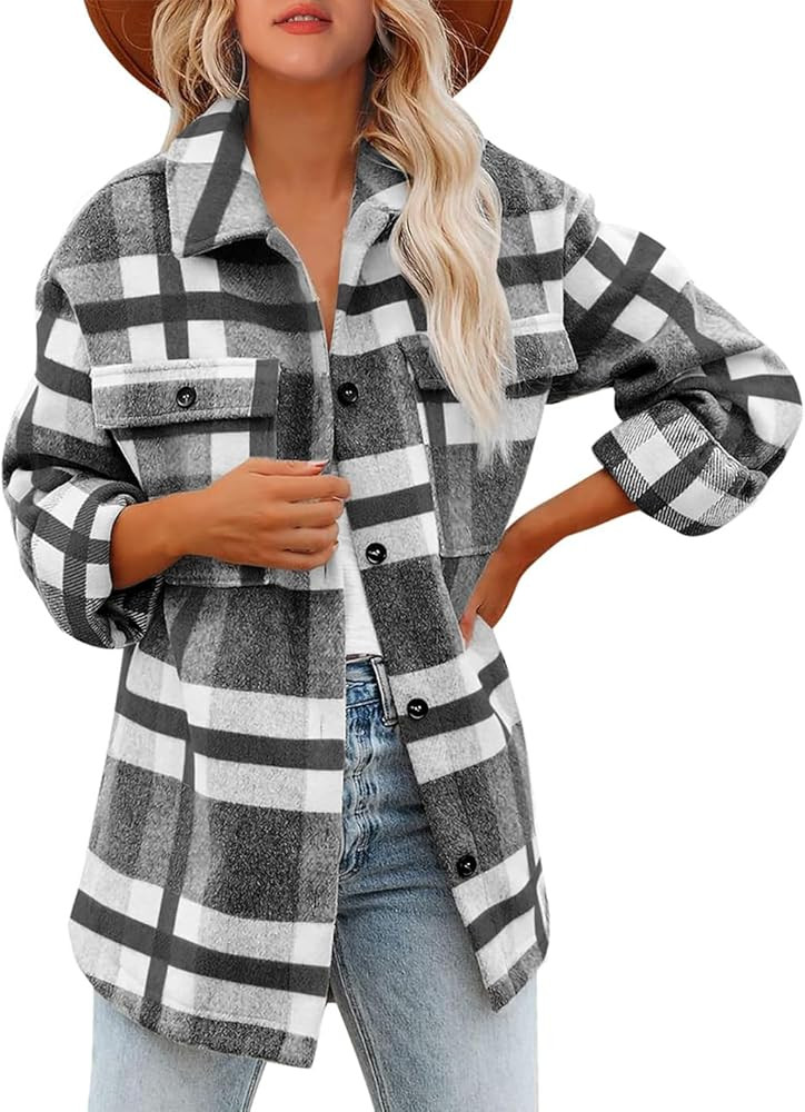 Lviefent Womens Casual Wool Blend Plaid Flannel Shackets Jacket Button Down Shirt Coat | Amazon (US)