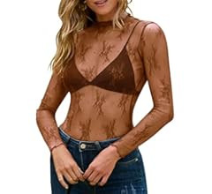 MEROKEETY Womens Mesh Sheer Long Sleeve Layering Top Mock Neck Lace Floral See Through Shirt Tops | Amazon (US)