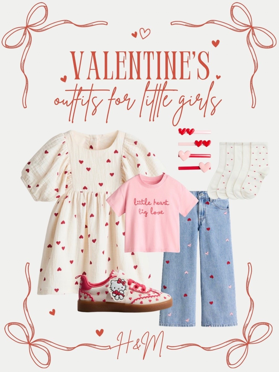 My Valentine’s Day picks from H&M for little girls! Heart jeans I bought for both my girls (age 3 & 8) - they are so cute - wide leg & elastic waist! 

Heart dress perfect for toddler. Hello Kitty heart shoes. ❤️ Heart socks. Heart clips for hair. Pink t-shirt! 

#LTKKids