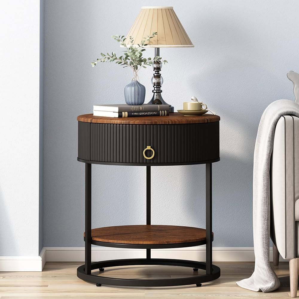 OIOG Round End Table with Drawer, Modern Wood Grain Side Table with Shelf, 2-Tier Nightstand with... | Amazon (US)