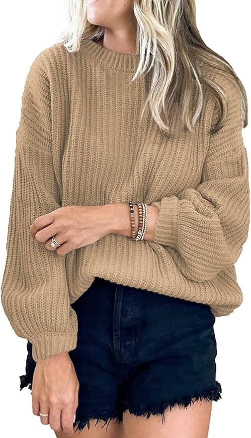 PRETTYGARDEN Women's Crew Neck Loose Drop Shoulder Lantern Sleeve Casual Solid Color Knit Pullove... | Amazon (US)