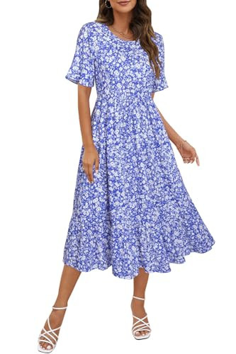 STYLEWORD Women's Summer 2026 Casual Short Sleeve Tiered Flowy Maxi Spring Dress Long Midi Beach Sundress Vacation Hawaiian Outfits(Floral26,XL) | Amazon (US)