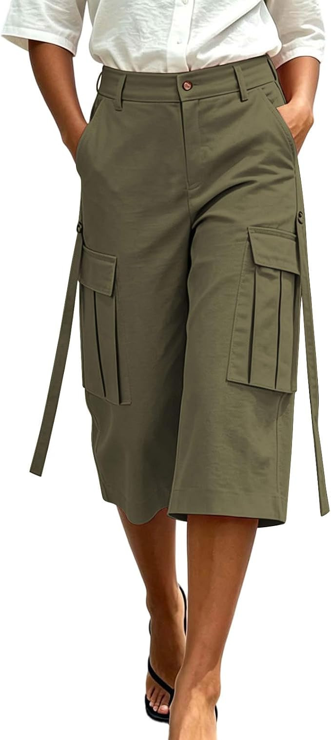 Women's Cargo Wide Leg Capri Trousers Loose Fit Culottes with Pockets & Ribbon, Casual Summer Y2K... | Amazon (UK)