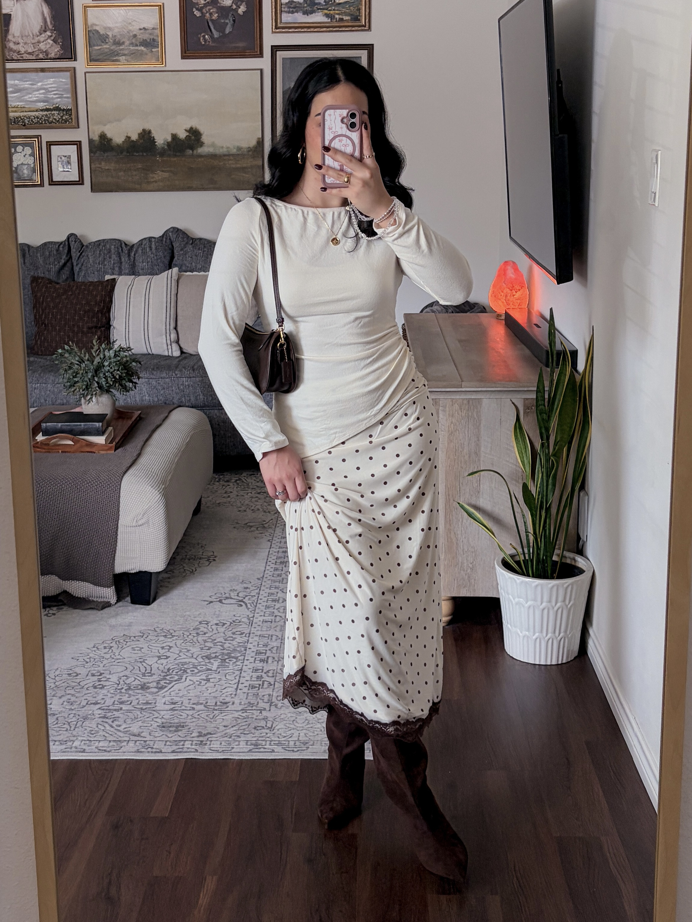 polka dots & tall boots 🤎 fall outfit, fall outfit ideas, fall fashion, fall style, cute fall outfits, feminine fall outfit, romantic fall outfit, vintage inspired outfit, vintage fall outfit, brown and cream outfit, neutral fall outfit, cream outfit, cream long sleeve top, polka dot skirt, polka dot midi skirt, midi skirt outfit, brown knee high boots, brown boots outfit, knee high boots outfit, chocolate brown boots, brown shoulder bag, brown purse, lace trim skirt, feminine style, romantic outfit, classic fall style, chic fall outfit, elegant casual outfit, date night outfit, dinner outfit, fall date night outfit, autumn outfit ideas, fall fashion inspiration, cozy chic outfit, timeless style, classic feminine outfit, vintage aesthetic outfit, soft feminine style, transitional weather outfit, fall wardrobe, fall outfit inspiration, classy fall outfit, European inspired outfit, old money outfit, quiet luxury outfit  

 #LTKdayinmylife #LTKgrwm #LTKootd