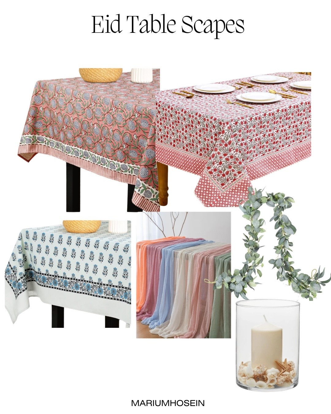 Prettiest block sprint table cloths, drapery fabric, candle holders and faux leaves for your Eid table scapes 