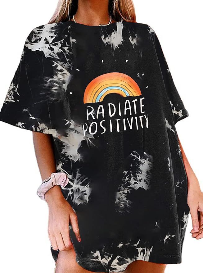 Remidoo Women's Casual Crewneck Short Sleeve Oversized T Shirt Rainbow Graphic Tees | Amazon (US)