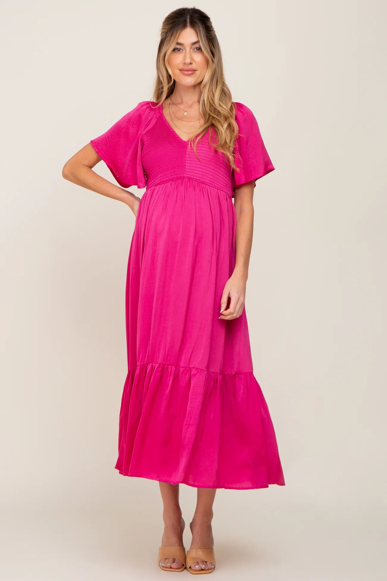 Magenta Satin Smocked Maternity Midi Dress | PinkBlush Maternity