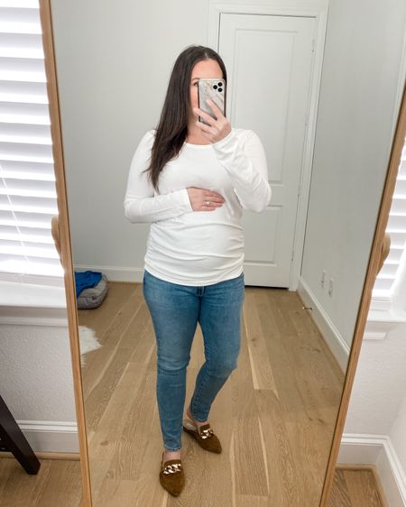 Amazon fashion finds / maternity outfit / white long sleeve top (m) comes in a 2 pack / over the belly skinny jeans / pregnancy outfits 

#LTKsalealert #LTKbump #LTKunder50