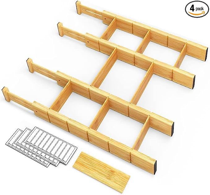 SpaceAid Bamboo Drawer Dividers with Inserts and Labels, Kitchen Adjustable Drawer Organizers, Ex... | Amazon (US)