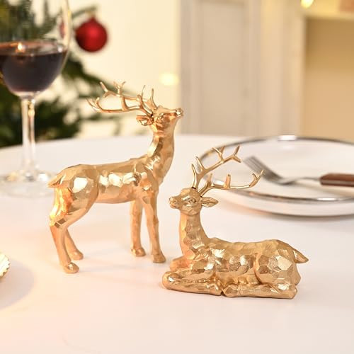 AOMOONOA 2Pcs Resin Reindeer Figurines for Christmas Decor Gold Tabletop Reindeer Statues Small Decorative Deer Figurines for Indoor Christmas Tabletop Mantle Decorations | Amazon (US)