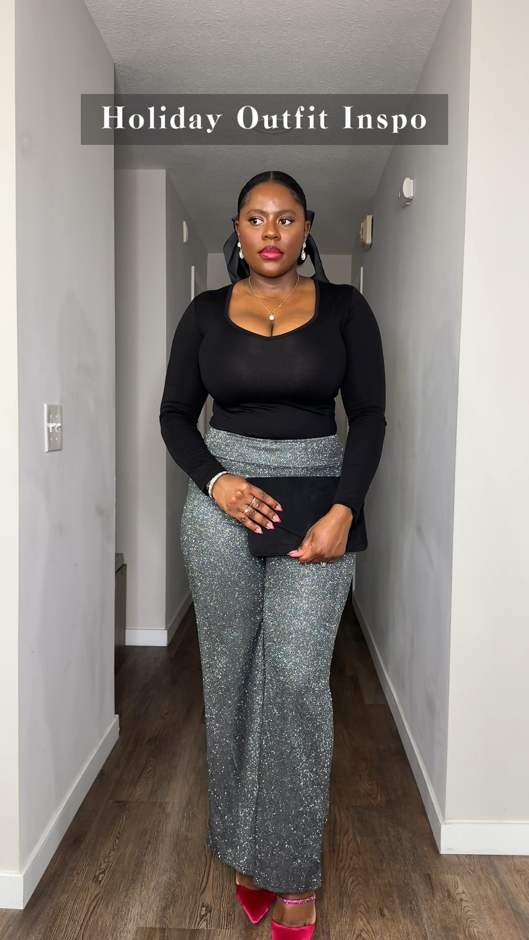 A simple yet elegant outfit for the holiday season. Sparkly pants and a simple black bodysuit! Add some colors in your accessories such as those cute pink Shoes perfect to complement this look! 
Get a matching bag or a clutch that matches any color in your outfit 



#LTKparties #LTKHoliday #LTKstyletip