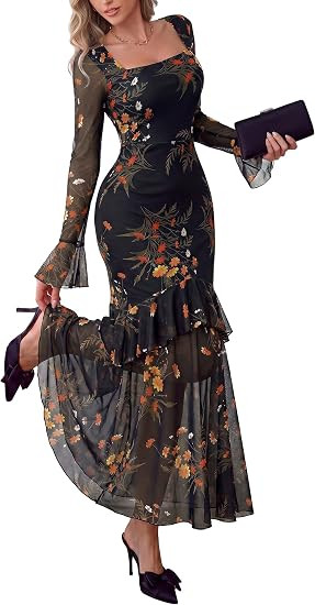 PRETTYGARDEN Womens Floral Long Sleeve Dress A Line Mesh Fall Maxi Dresses | Amazon (US)