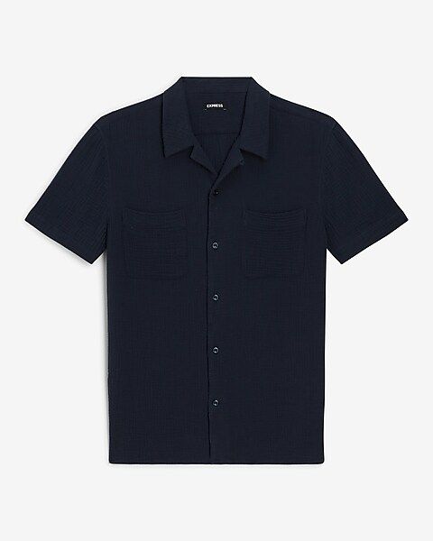 Slim Solid Crinkle Cotton Short Sleeve Shirt | Express