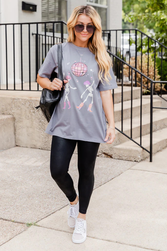 Disco Cowgirl Skeleton Grey Graphic Tee | Pink Lily