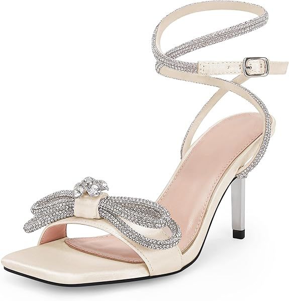 Womens Strappy Lace Up Heels Sandals Rhinestone Bow Tie Stiletto Satin Pumps Wedding Dress Shoes | Amazon (US)