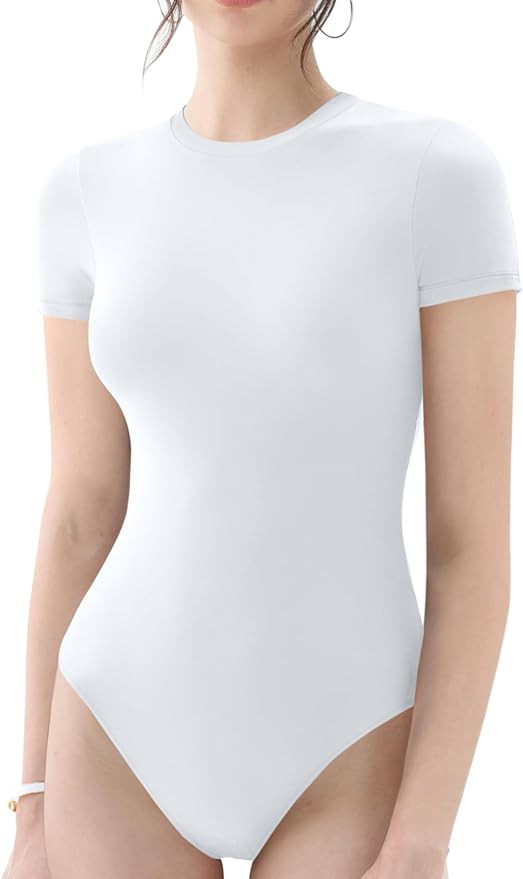 REORIA Womens Crew Neck Short Sleeve Double Lined Comfy Slim Thong Bodysuits | Amazon (US)