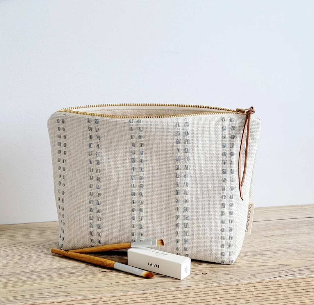 Blue stripes makeup bag, unique cosmetic bag, minimalist pouch, blue beige zip pouch, make up bag... | Etsy (US)