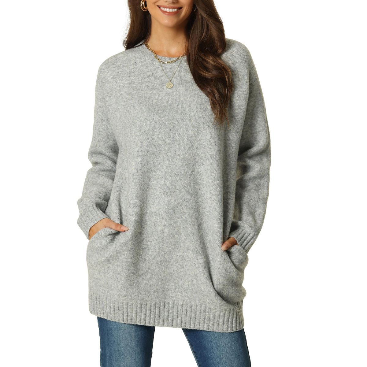 Seta T Womens' Fall Winter Round Neck Long Sleeve Casual Tunic Sweater with Pockets | Target