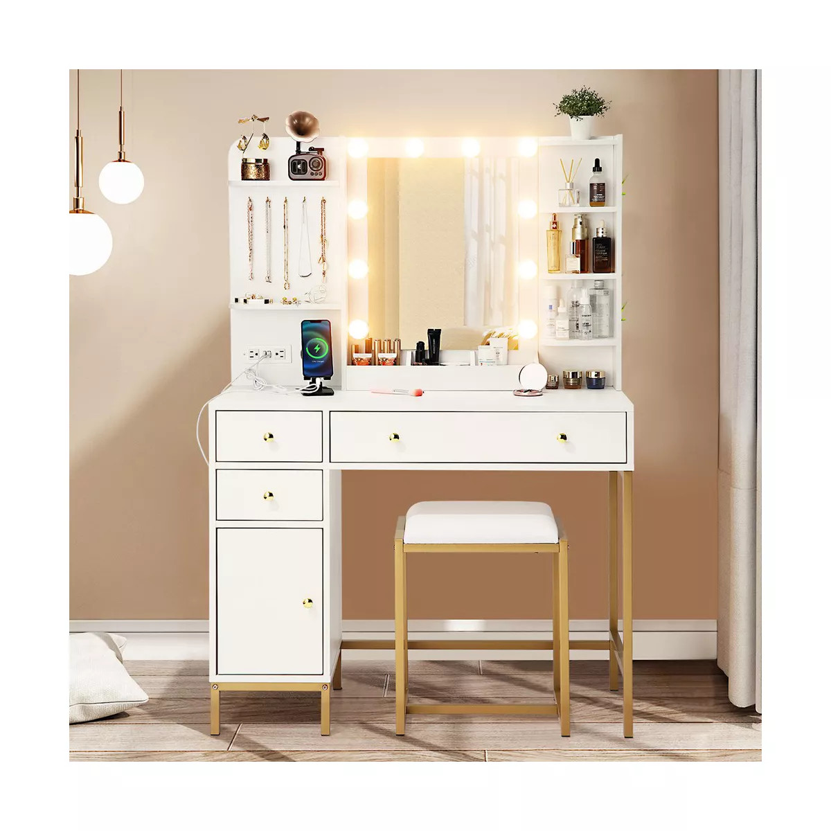 Vanity Desk with Mirror, Makeup Vanity Table with Chair & Charging Station, Dressing Table | Target