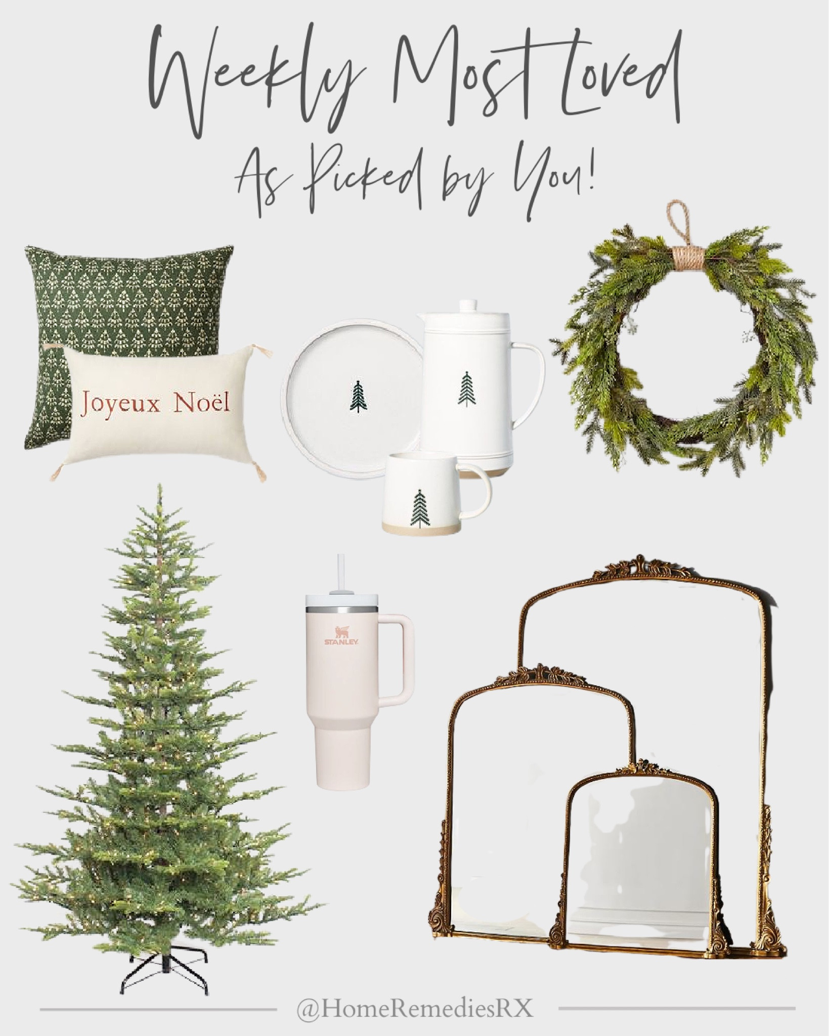 Weekly most loved - as picked by you! Designer look holiday wreath with jute hanger, Hearth & Hand pre-lit artificial pine Christmas tree, Anthropologie Primrose Leaning Mirror, Stanley Cup, Studio McGee block print Christmas tree throw pillow, “Joyeux Noel” Embroidered Lumbar Throw Pillow, Magnolia embossed stoneware winter tree dinner plate, pitcher, mug, gift guide, gift list, holiday list

#LTKGiftGuide #LTKhome #LTKHoliday