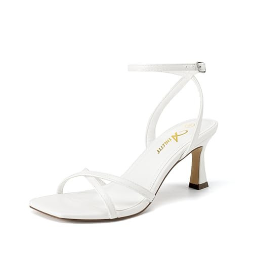 Athlefit White Kitten Heels for Women Square Open Toe Strappy High Heels Comfortable Dressy Summer Wedding Ankle Strap Heeled Sandals Size 5.5 | Amazon (US)