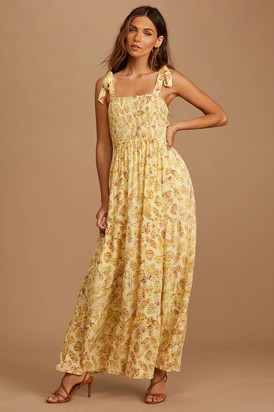 Set On Sunshine Yellow Floral Print Smocked Tie-Strap Maxi Dress | Lulus (US)