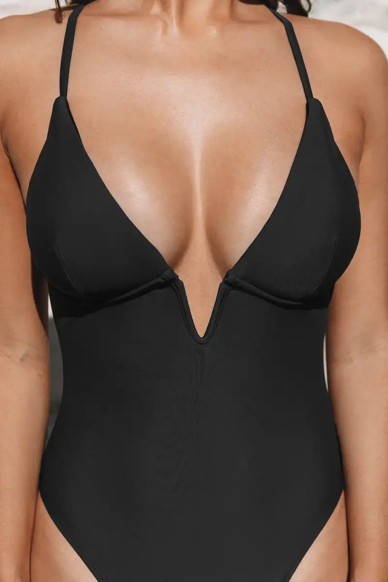 Deep V-Wire Cross Back Cheeky Black One Piece Swimsuit | Cupshe US