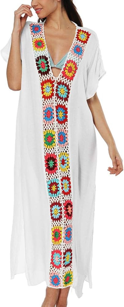 Bsubseach Women Floral Patchwork V Neck Bathing Suit Cover Up Short Sleeve Beach Dress | Amazon (US)