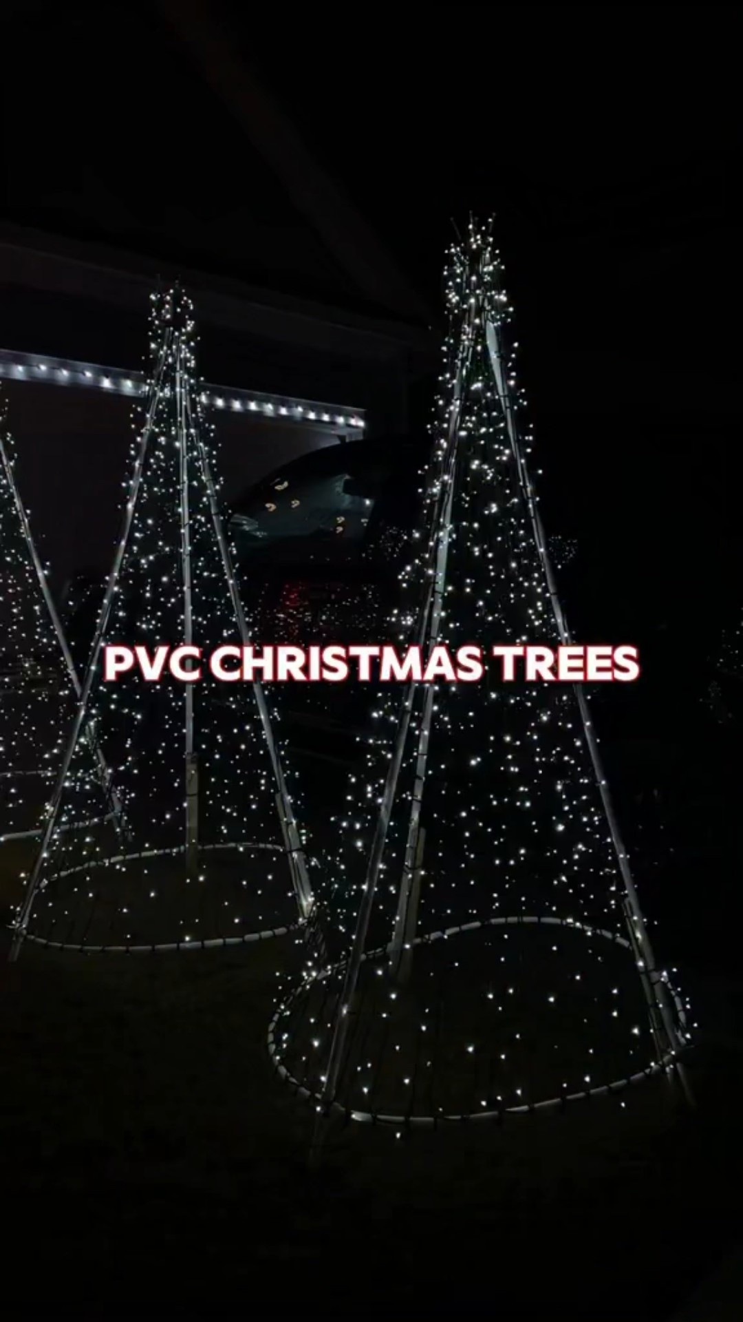 PVC Christmas Trees🎄
Wanted to line our driveway with something bright and festive, and these PVC trees were the perfect addition! 

Here’s how we did it:
1. ���Cut (3) pvc pipes into 6ft sections
2. ���Cut (3) scrap pvc into 4 inch sections
3. ���Add 4 screws barely through top of 2 inch end cap + 3 small holes into the sides
4. ���Insert a coupling piece into a 1/2 inch PEX pipe, thread 3 cross connectors, connect ends to create a circle
5. ���Add legs (4inch pvc) into the bottom of each of the cross connectors + drill small hole into the middleng a 2 inch end cap, drill
6. ���Distribute legs into equal thirds, insert long pvc into cross connectors to create tripod + tape in place
7. ���Place end cap on top and drill screws into the side holes + in the middle of cross connectors
8. ���Zip tie end of lights to the base, wrap around a screw at the top, bring back down and zip tie about 2 inches apart from start and repeat around entire tree

#christmas #christmasdecor #christmastree #christmasdecorating #christmasdiy