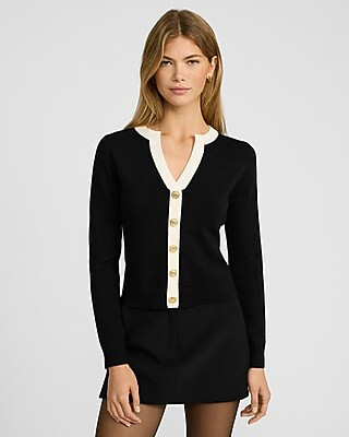 Tipped V-Neck Novelty Button Front Cardigan | Express