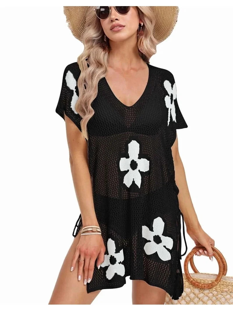 Beach Cover Up for Women V-Neck Floral Swimsuit Cover Up Casual Loose Crchet Bathing Suit Cover U... | Walmart (US)