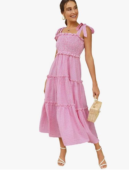 Smocked midi dress, pink dress, maxi dress, tie shoulder dress, Amazon dresses for women, grandmillennial dress, sundress 

#LTKunder50 #LTKSeasonal #LTKunder100