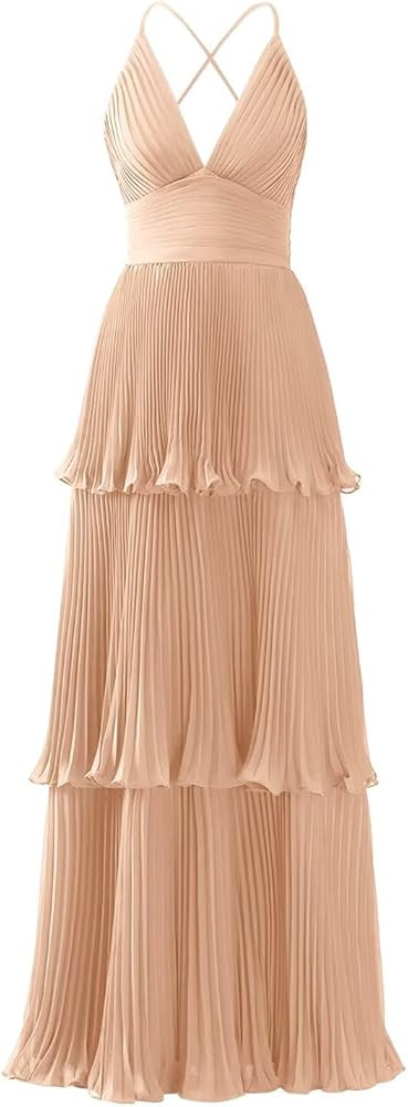 Tiered Ruffles Bridesmaid Dresses for Women Chiffon V-Neck A-line Long Formal Evening Gowns | Amazon (US)