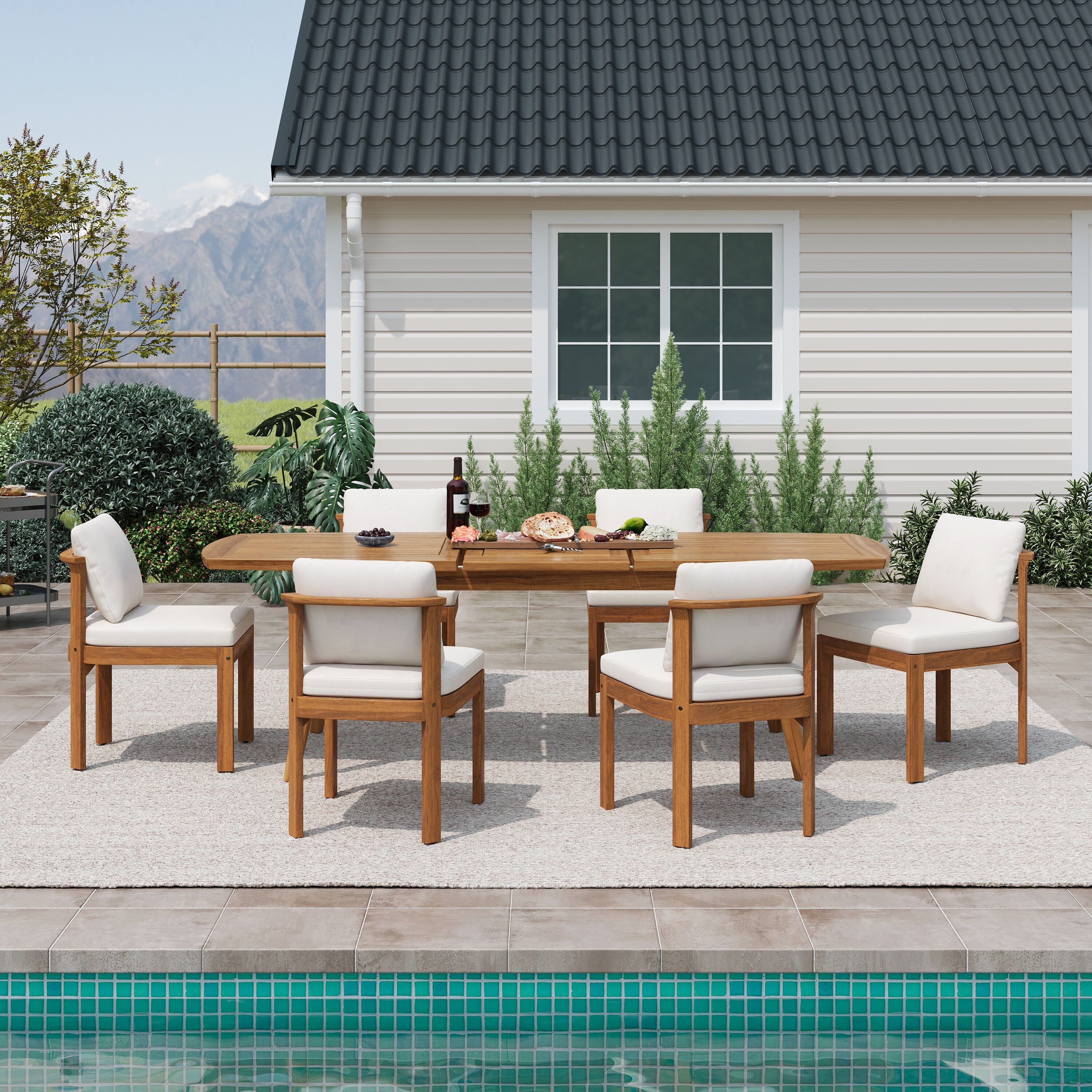 Christopher Knight Home Modern Coastal 7-Piece Outdoor Acacia Wood Dining Set with Sculpted Back Chairs and 71-in Expandable Dining Table - Teak | Lowe's